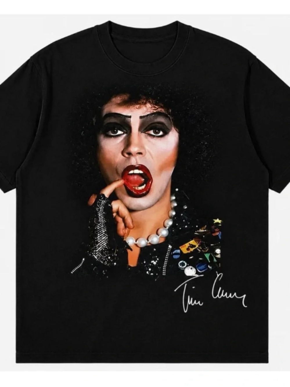 Black Graphic Tee with Tim Curry Red Lip and White Pearl Detail